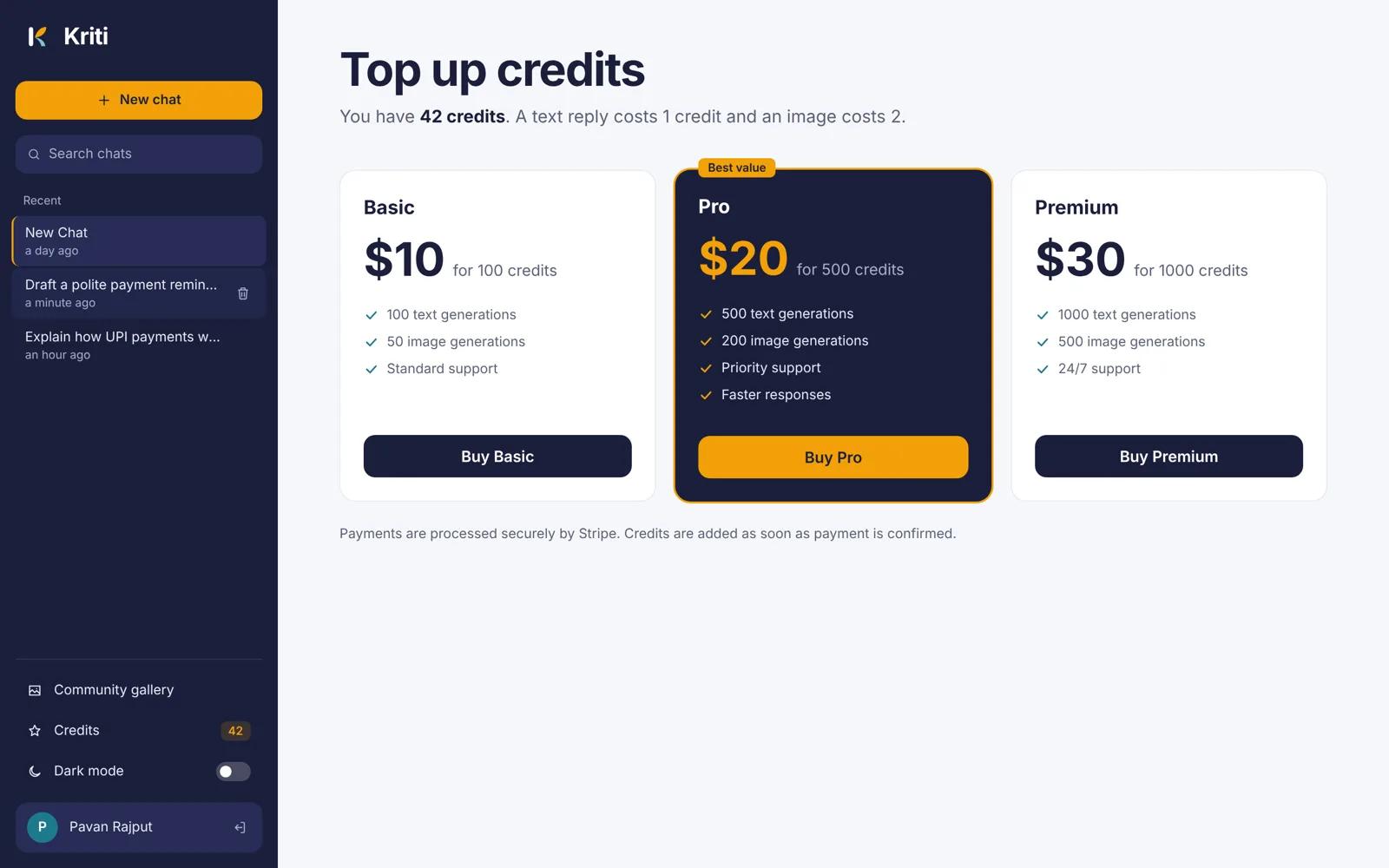 Kriti credit plans page