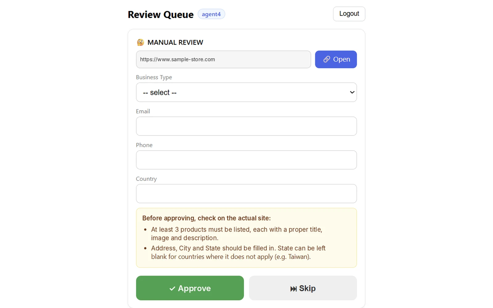 One-click review screen with the quality checklist